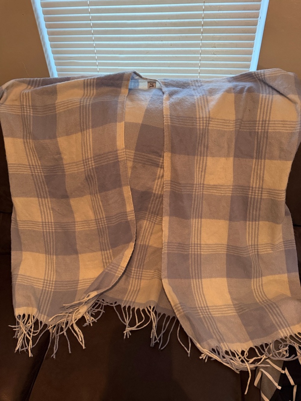 Light Blue & Cream Plaid Fringe Shawl